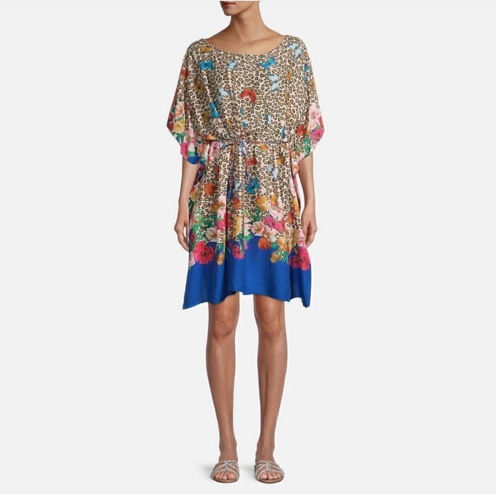 Johnny Was Fleur Butterfly-Print Short Kaftan Dress